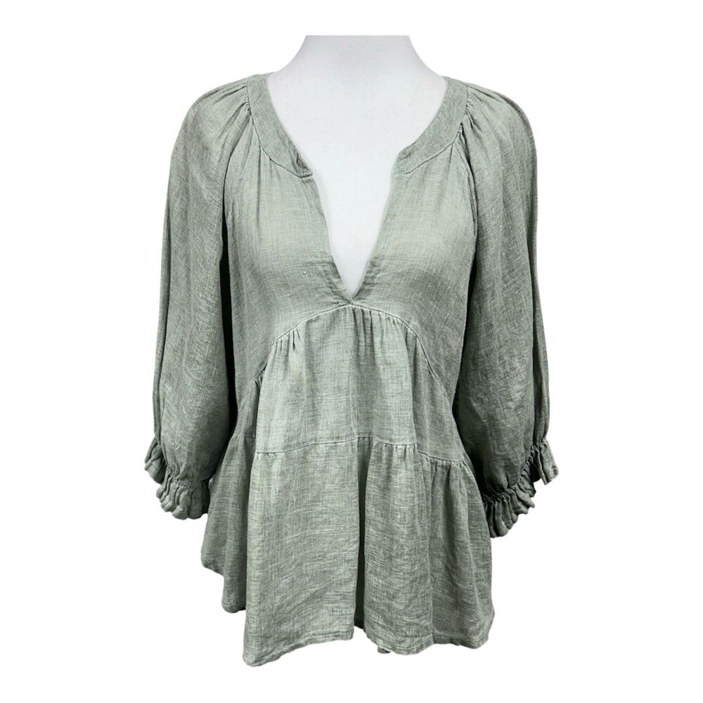 Meo Meli Linen Peplum Deep V Neck Blouse Peasant Cottage Green